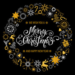 Christmas hand drawn lettering. Christmas tree decoration, snowflakes, gifts. Golden glitter texture. Winter holidays. Vector Illustration EPS10.