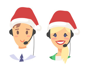 Portrait of happy smiling customer support phone operator in Christmas hat. Callcenter worker with headset. Cartoon vector illustration agent