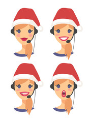 Set of female emoji customer support phone operator in Christmas hat. Callcenter worker with headset. Cartoon vector illustration caucasian woman agent