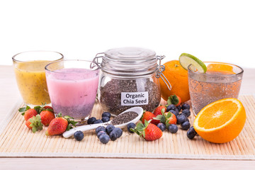 Chia seeds with fresh fruits juice, healthy nutritious anti-oxidant drinks