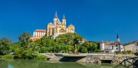 View of Stift Melk, a Benedictine abbey above the town of Melk in Austria - obrazy, fototapety, plakaty