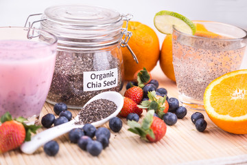 Chia seeds with fresh fruits juice, healthy nutritious anti-oxidant drinks