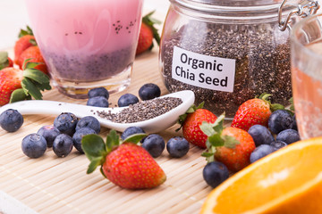Chia seeds with fresh fruits juice, healthy nutritious anti-oxidant drinks