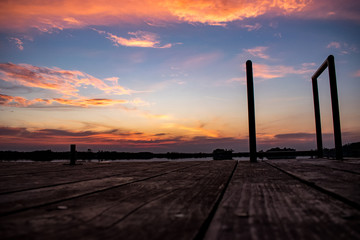 Beautiful panoramic Sunset from wooden pontoon	