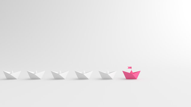 Woman leadership concept, pink leader boat leading white boats, with empty copy space. 3D Rendering