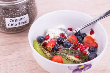 Chia seeds with fruits yogurt, healthy nutritious anti-oxidant superfood breakfast