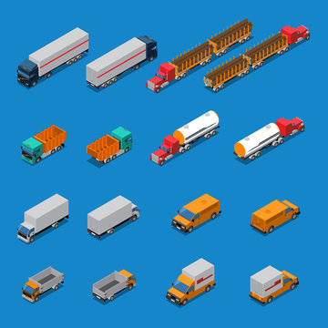 Trucks Isometric Icons Set