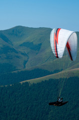 A paraglider flies over a mountain valley on a sunny summer day. Paragliding in the Carpathians in the summer. © Viktoria