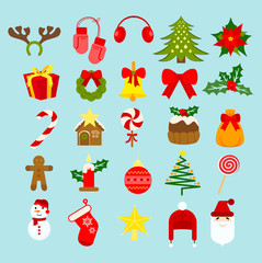Vector illustration Christmas new year holiday decoration icons and elements set isolated on light blue background in flat style.