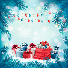 Holiday Christmas background with sack full of gift boxes and 2018. Vector