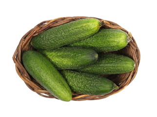 Small cucumbers in wooden wicker basket isolated on white background, top view