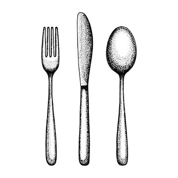 cutlery set sketch. Spoon fork and knife vector. illustration isolated black