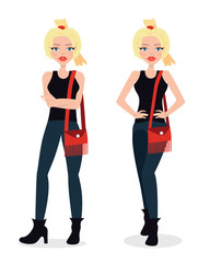 Vector illustration of a beautiful blonde girl in flared jeans, punk, fashion girl, in casual outfit. Flat style.