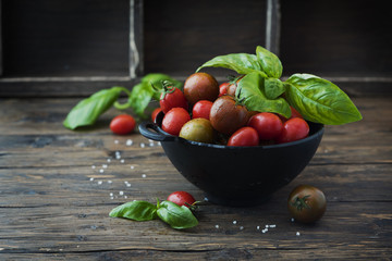 Fresh red and green tomatos and basil