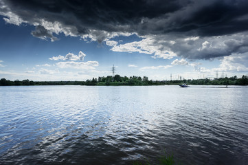 Naklejka premium water skiing, surfing, boat, waves, landscape