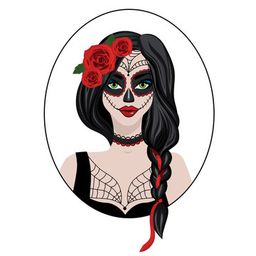 Vector illustration colorful young woman with flower in hair and makeup in Halloween style. Beautiful dead girl with painting on face.