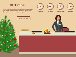 Hotel reception desk with standing employee and christmas design. Xmas holiday reception service.