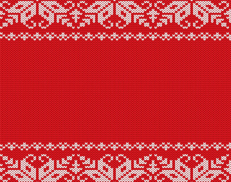 Christmas knitted floral geometric ornament design with empty space for text. Xmas seamless pattern.