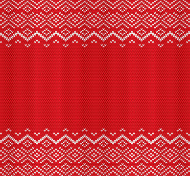 Knited christmas geometric ornament design with empty space for text. Knit Xmas seamless pattern.