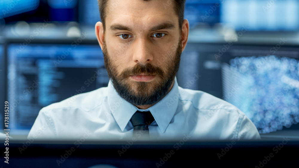 Poster Neural Network and Machine Learning Engineer Working Hard at His Workstation. Multiple Displays Show Neural Network Representation.