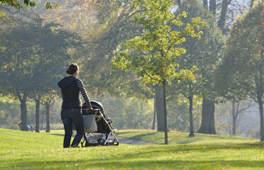 eine frau mit kinderwagen  geht  in herbstlicher landschaft