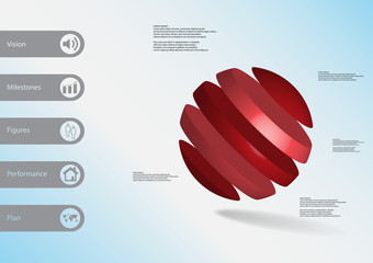 3D illustration infographic template with ball askew divided to five red slices