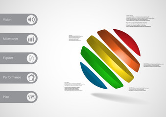 3D illustration infographic template with ball askew divided to five color slices