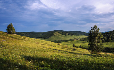 Fototapeta premium Summer landscape in mountains and the blue sky.