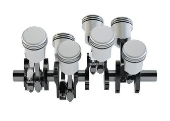 Pistons and crankshaft on a white background. The V8 engine. 3D rendering.