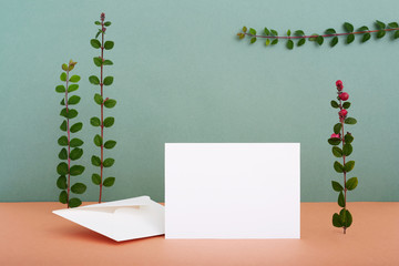 Greeting card mockup background surrounded by plants