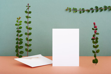 Greeting card mockup background surrounded by plants