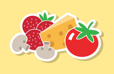 Pepperoni, cheese, mushrooms, red onion and tomato flat illustration. Products for pizza.