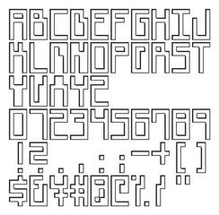 Retro Propaganda Square Pixel Outline Vector Font with Uppercase Letters, Numbers & Signs