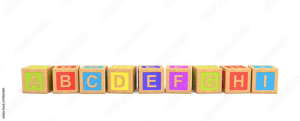 Poster 3d rendering of several wooden toy bricks with english letters in alphabetic order on a white backgr