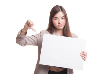 Fototapeta premium Young Asian woman show thumbs down with white blank sign.