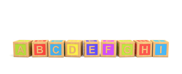 Fototapeta na wymiar 3d rendering of several wooden toy bricks with English letters in alphabetic order on a white background.
