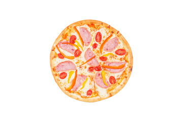 Delicious pizza with ham sweet peppers and tomatoes isolated on a white background. Top view