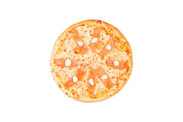 Delicious pizza with salmon and Philadelphia cheese isolated on a white background. Top view