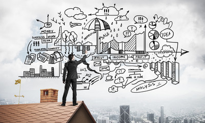 Rear view of businessman on house roof drawing his new business 