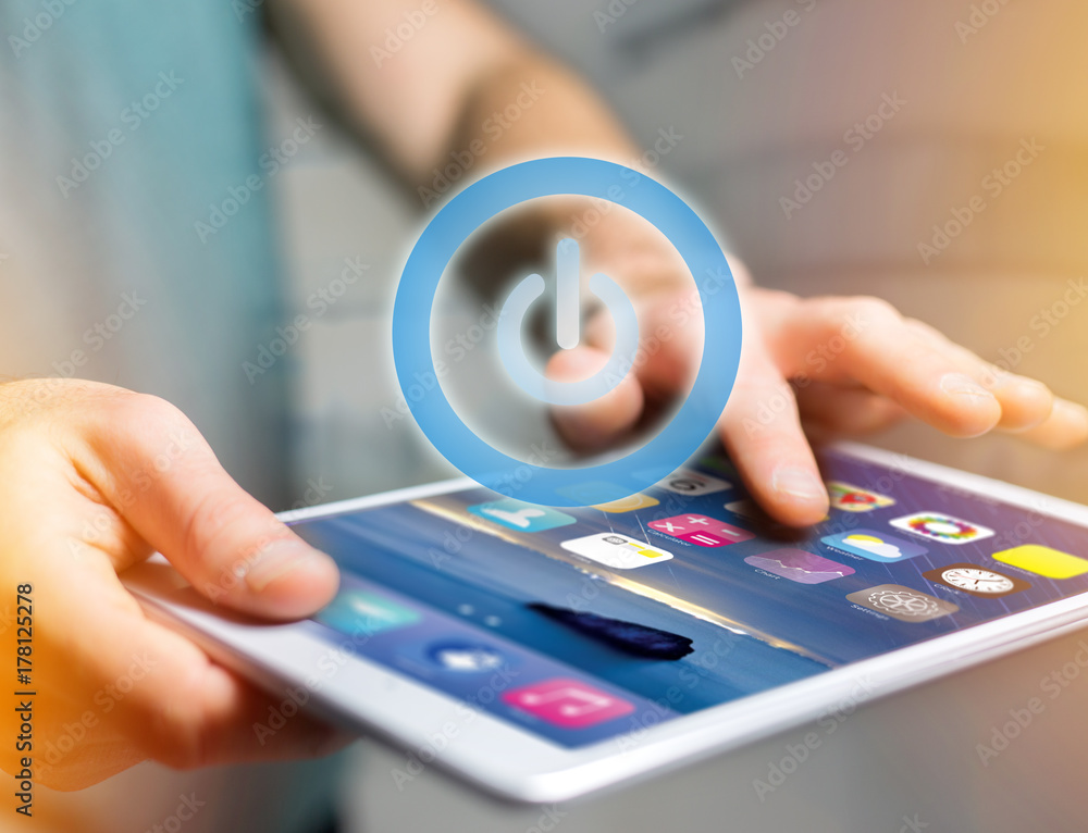 Poster power button symbol displayed on a futuristic interface - technology and energy concept