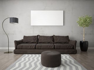 Mock up a stylish living room with an exclusive sofa and fashionable background.