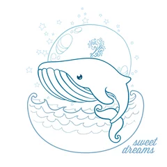 Foto op Plexiglas Sweet dreams child hand drawn vector illustration of a whale jumping out of the ocean at night with a sky full of stars and a full moon © Eliphea
