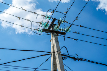 Tangle of Electrical Wires on Power Pole. Overhead power lines