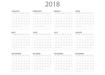 Calendar 2018 year in simple style. Calendar planner design template. Week starts on Sunday. Business vector illustration.