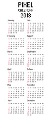 Calendar 2018 year in pixel style. Calendar planner design template. Week starts on Sunday. Business vector illustration.