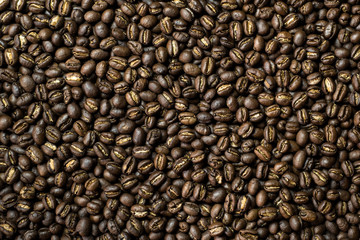 Medium dark Roasted peaberry coffee beans background.