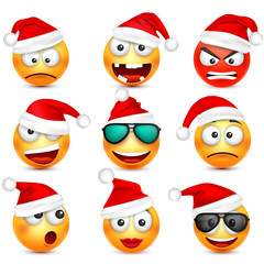 Smiley,emoticon set. Yellow face with emotions and Christmas hat. New Year, Santa.Winter emoji. Sad,happy,angry faces.Funny cartoon character.Mood. Vector.