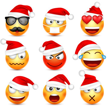 Smiley,emoticon set. Yellow face with emotions and Christmas hat. New Year, Santa.Winter emoji. Sad,happy,angry faces.Funny cartoon character.Mood. Vector.