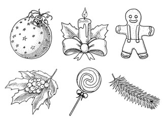 engraved hand drawn in old sketch and vintage style for label. Merry Christmas xmas New Year Collection. winter holiday decoration. fir tree toy, candle and gingerbread, holly lollipop, spruce branch.
