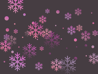 Snowflake and circle elements vector illustration, chaotic winter confetti scatter banner or poster background. Colorful gradient snow flakes falling winter vector background in pink, grey, brown. 